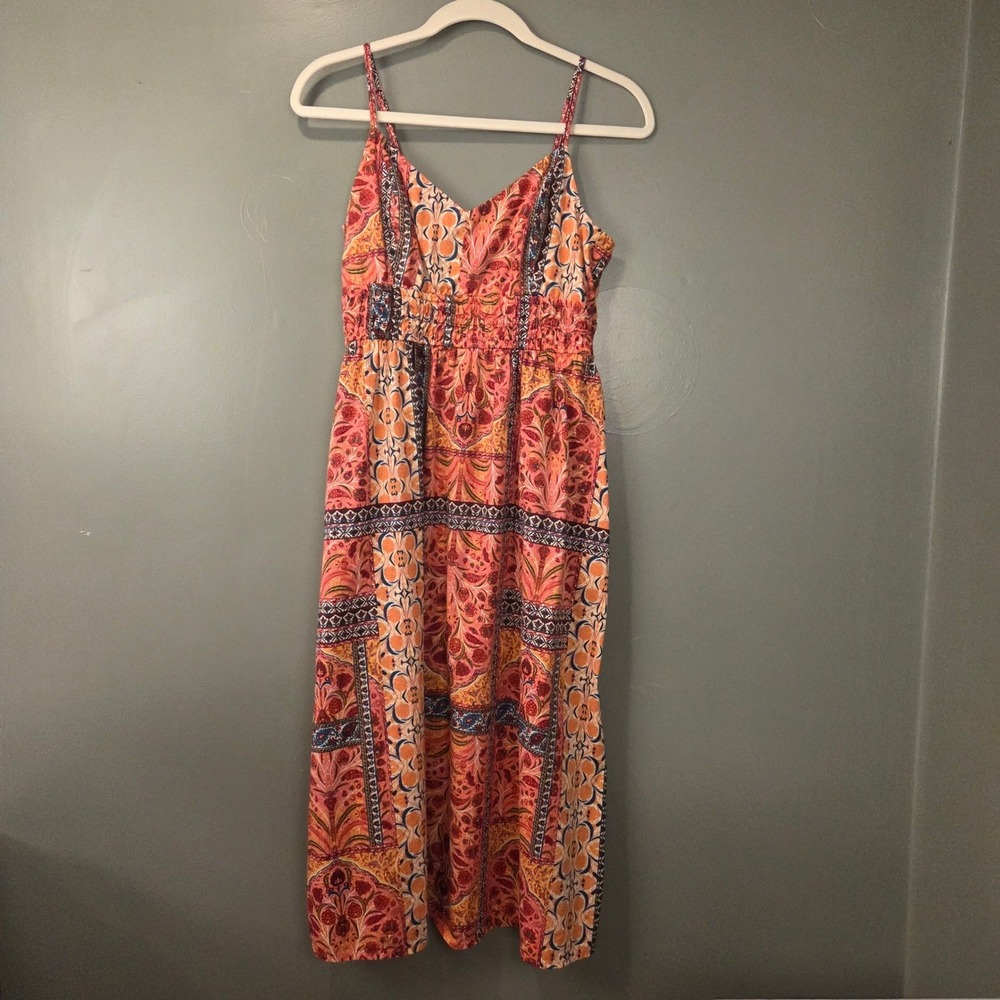 Women's Colorful Printed Midi Dress w Pockets 100% Cotton Size S Patchwork Boho